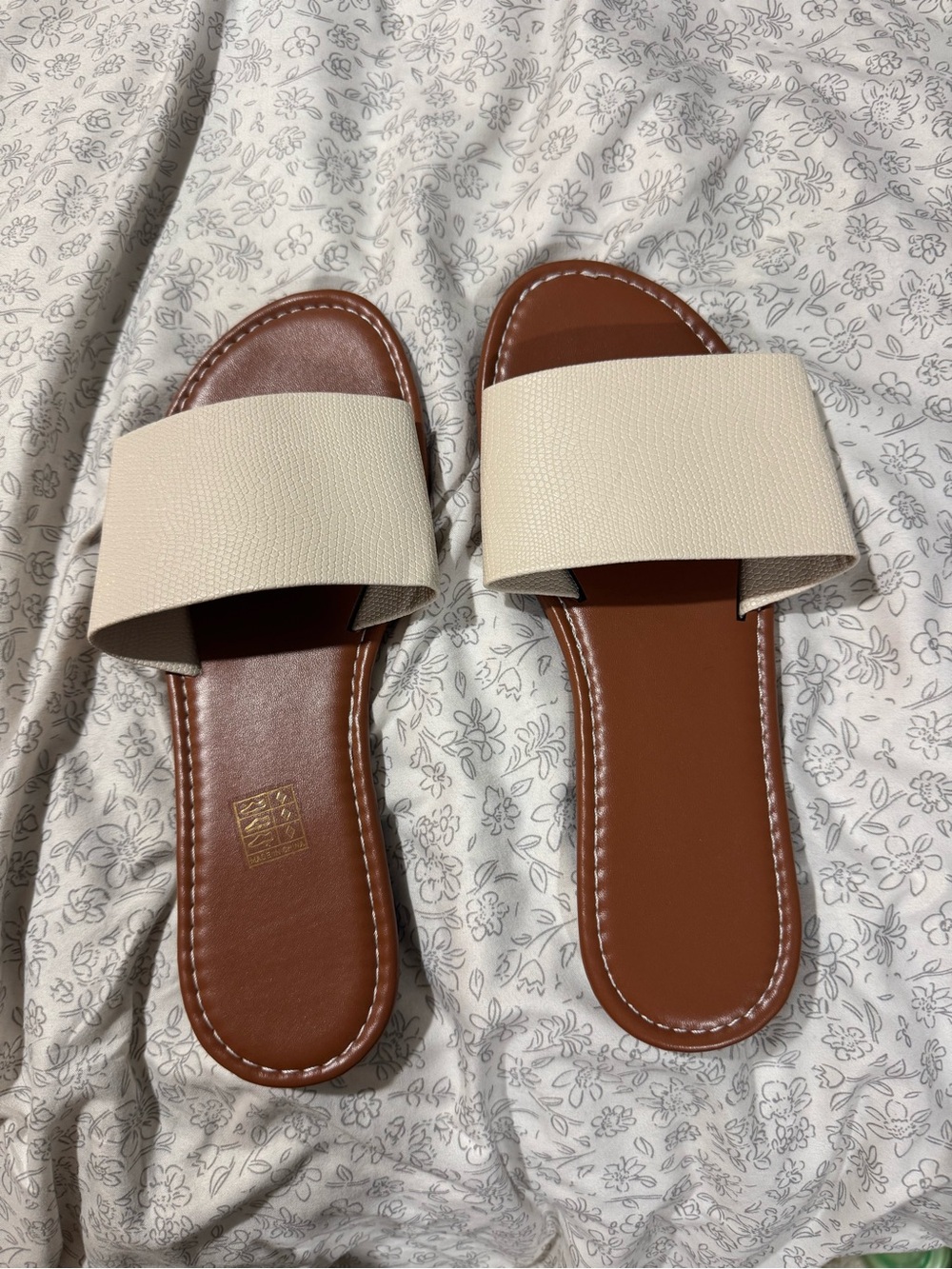 Beige Wide-Band Slide Sandals for Women - Brown Footbed